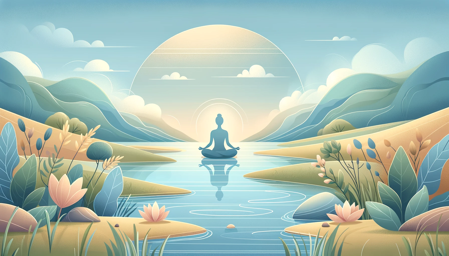 The image depicts a serene landscape with a calm lake and gentle rolling hills in the background under a clear blue sky. In the foreground, there's an individual sitting in a lotus position meditating, surrounded by a faint aura of soft light, symbolizing inner peace. The colors are soft and muted, enhancing the sense of calmness. The blog post title is elegantly displayed at the top in easy-to-read typography.