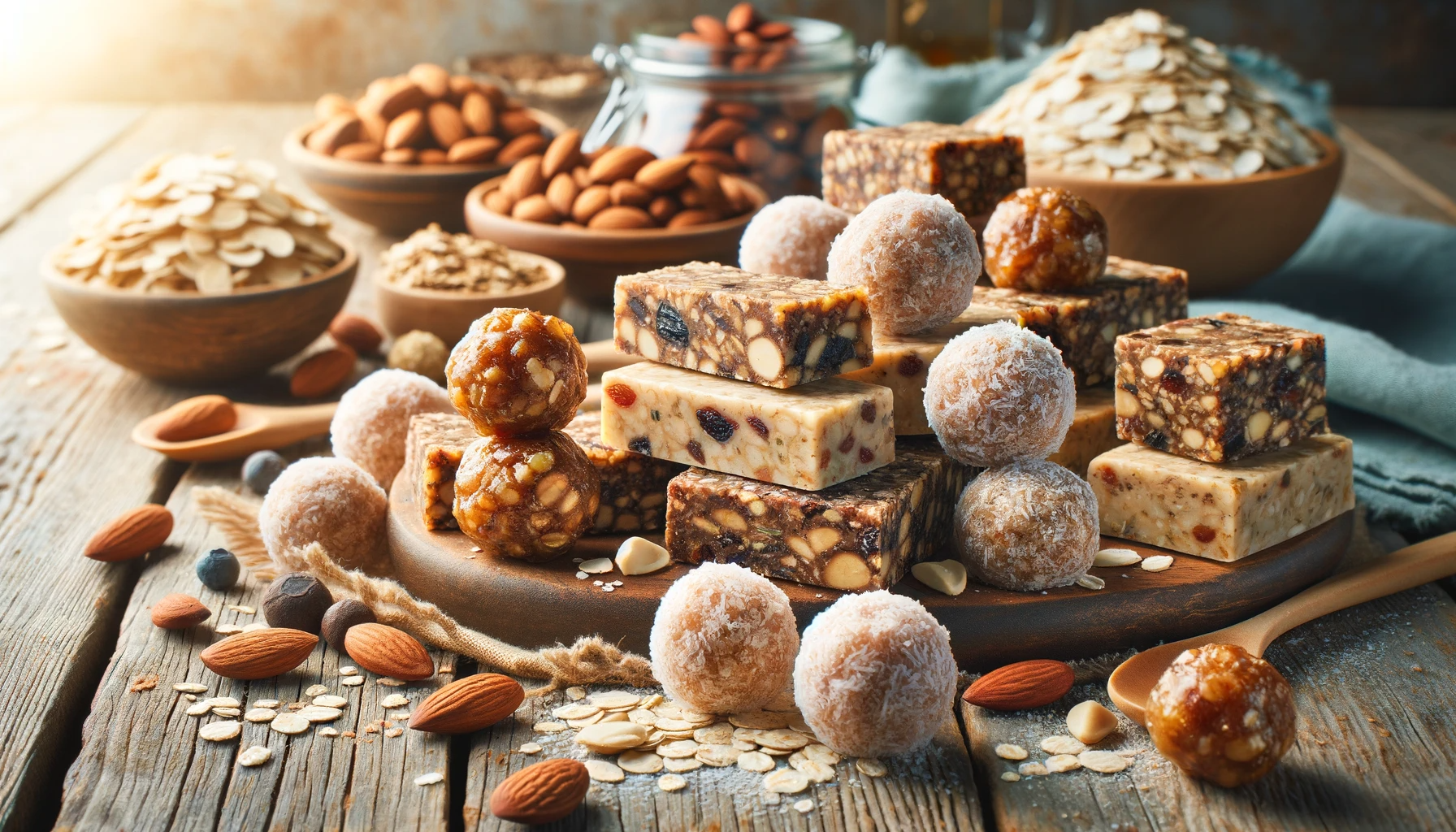 The image depicts a selection of no-bake protein bars and energy bites, arranged on a rustic wooden surface. The bars are chunky with visible nuts and fruits, while the energy bites are round with a coconut coating. Ingredients like oats and almonds are scattered around, enhancing the natural, wholesome look of these gluten-free snacks.