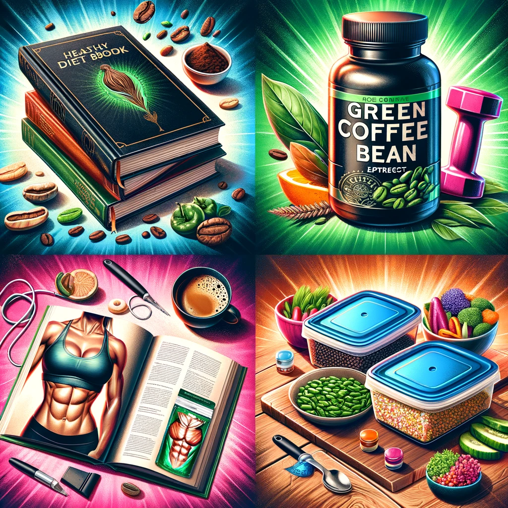 The image is a collage of five health-related products: a hardcover book on diet and health, a bottle of green coffee bean extract supplements, an open cookbook with a healthy recipe, the Ab Carver Pro exercise tool, and a set of meal prep containers, all set against a vibrant, health-themed background.